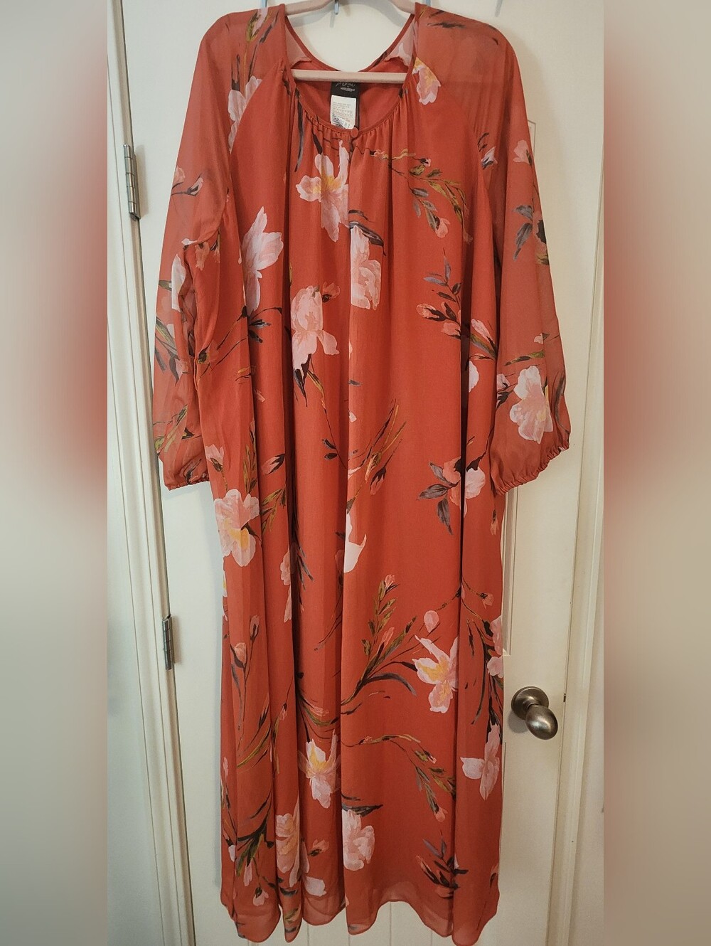 Marina Rinaldi $455 Peach/Pink Floral Maxi Dress NWT Sheer Sleeves Sz 22